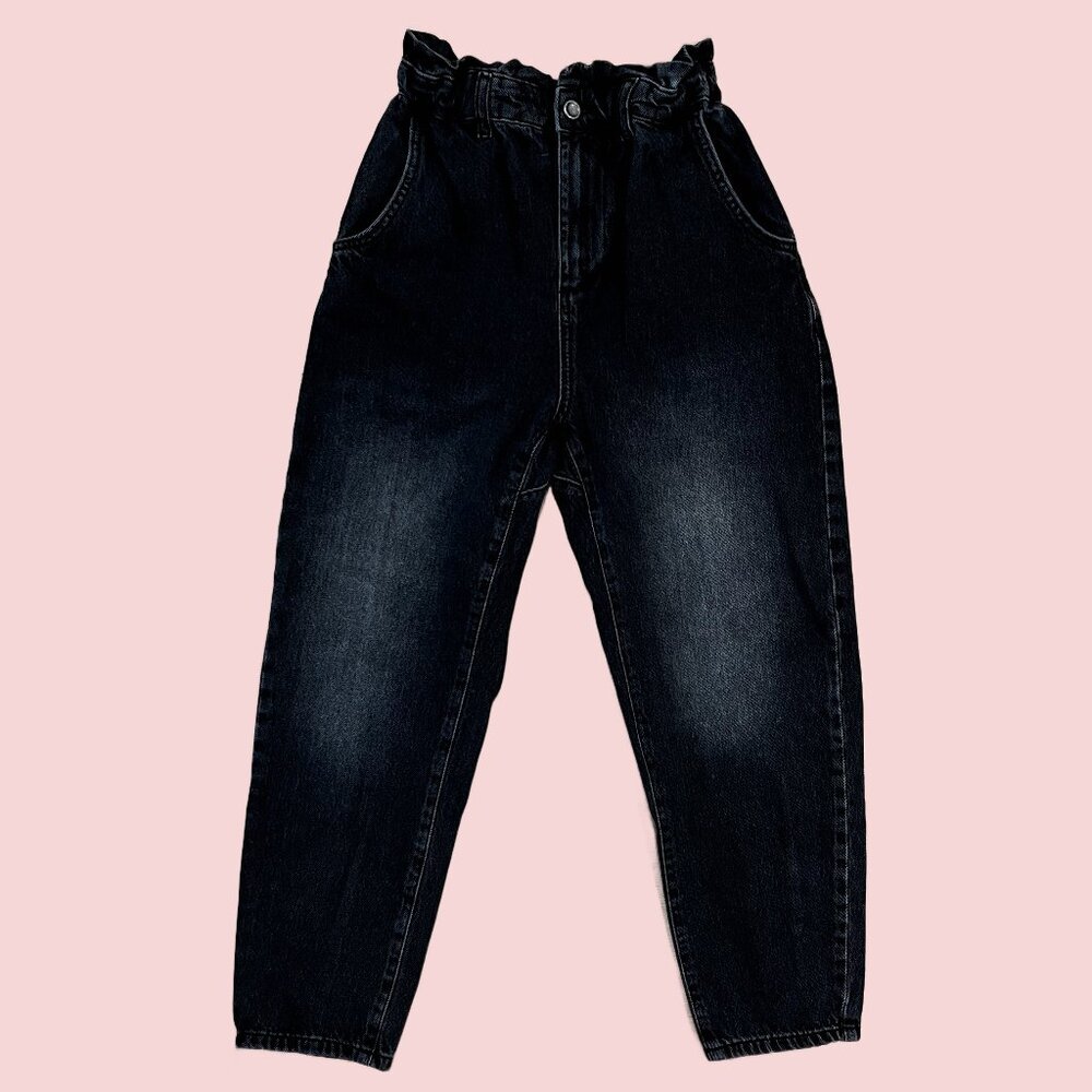 Women's Jeans "Zara" Black Paperbag High-Waist 100% Cotton Denim Jeans Size 2